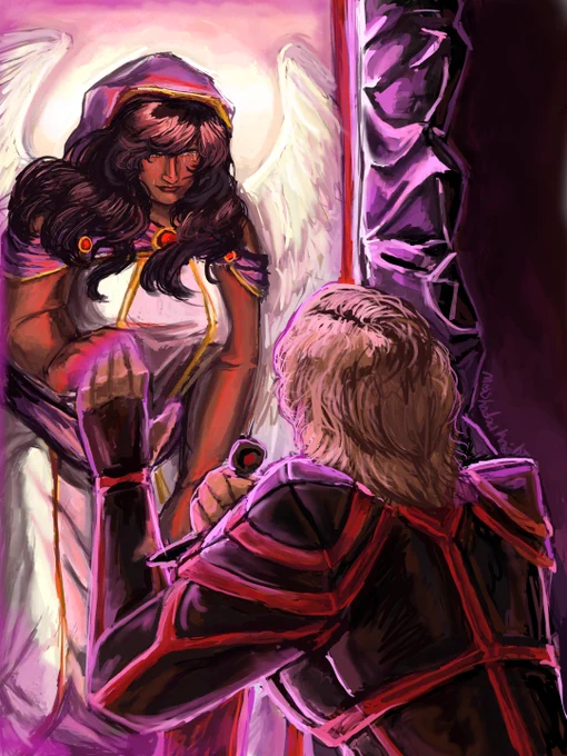 Art of Shadowknight Laurance and Irene Aphmau. They're both on opposite sides of a portal, touching eachother's finger tips. Laurance is knelt before a nether portal, the purple hues reflecting against him and the surrounding darkness and black obsidian frame. Irenemau is leaning down, surrounded by the light of the Irene dimension and the red of the portal. She's smiling but has tears flowing down her face as she is framed by her angel wings. 