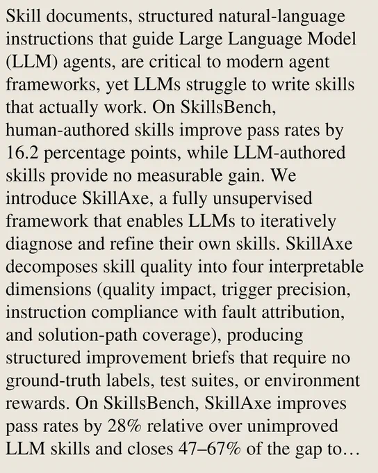 Skill documents, structured natural-language instructions that guide Large Language Model (LLM) agents, are critical to modern agent frameworks, yet LLMs struggle to write skills that actually work. On SkillsBench, human-authored skills improve pass rates by 16.2 percentage points, while LLM-authored skills provide no measurable gain. We introduce SkillAxe, a fully unsupervised framework that enables LLMs to iteratively diagnose and refine their own skills. SkillAxe decomposes skill quality into four interpretable dimensions (quality impact, trigger precision, instruction compliance with fault attribution, and solution-path coverage), producing structured improvement briefs that require no ground-truth labels, test suites, or environment rewards. On SkillsBench, SkillAxe improves pass rates by 28% relative over unimproved LLM skills and closes 47–67% of the gap to human-authored skills. We validate the approach as a continuous improvement engine in the wild on SpreadsheetBench, where a