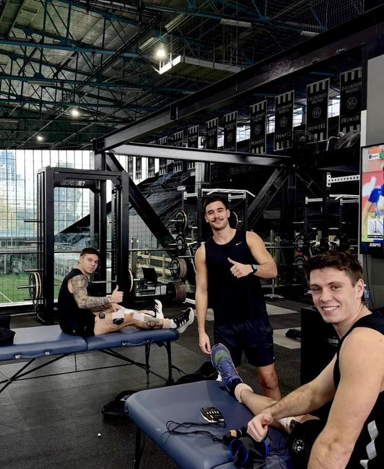 Jamie Elliott, Reef McInness and Oscar Steene in the gym.