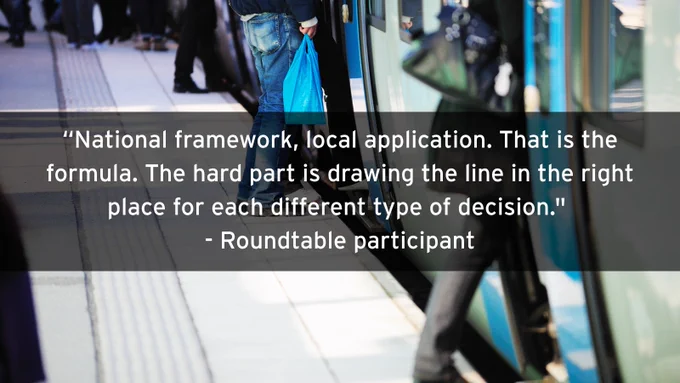 Person holding a blue bag boarding a city tram on a sunny day with other passengers nearby.