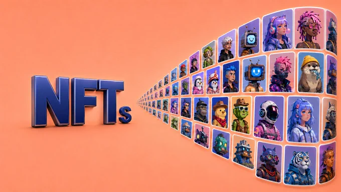 A 3D-style illustration on an orange background. Large blue text on the left reads “NFTs.” On the right, a curved stream of colorful digital collectible cards stretches into the distance, showing various illustrated characters, robots, avatars, animals and futuristic figures. The image represents the familiar NFT collection and digital ownership space.