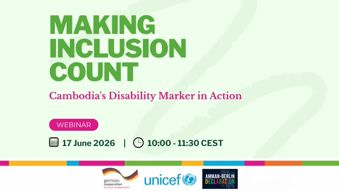 Webinar graphic titled “Making Inclusion Count: Cambodia’s Disability Marker in Action.” The subtitle reads “Cambodia’s Disability Marker in Action.” Event details at the bottom show the date, 17 June 2026, and the time, 10:00–11:30 CEST.