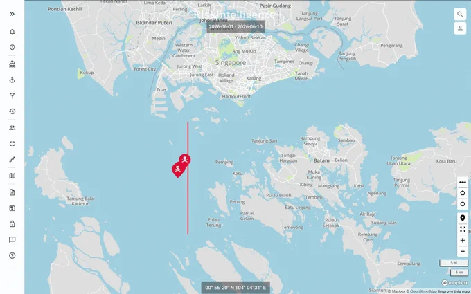 A screenshot from the Risk Intelligence System displaying maritime security incidents in the Singapore Strait in June.
