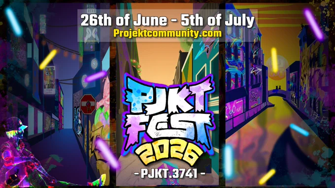A horizontal poster for Projekt: Festival 2026. The VRChat group ID listed is PJKT.3741 and the event runs from the 26th of June to the 5th of July.
