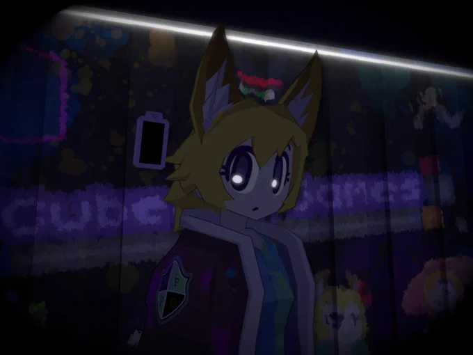 A low-poly fox girl with yellow hair in front of a steel wall with the logo for Cubee Games spray-painted over it.
