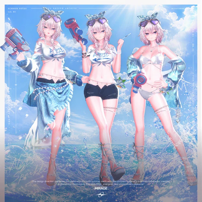 3人のアニメスタイルのキャラクター（薄いピンク色の髪、青い目、小さな猫耳のようなアクセサリー、ハート型のサングラスを頭に乗せている）が、異なる夏の衣装を着用している合成グラフィック。