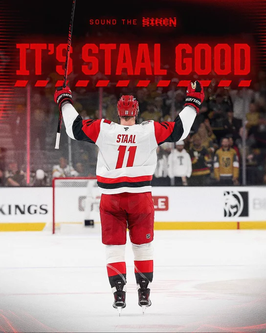 Graphic with a photo of Jordan Staal celebrating a goal with the words "It's Staal Good" above him 