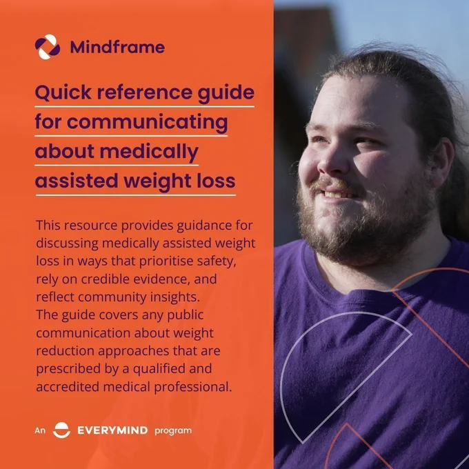 Social media tile.
Background image shows a man outside walking - he is smiling.
Text reads:
Quick reference guide for communicating about medically assisted weight loss.
This resource provides guidance for discussing medically assisted weight loss in ways that prioritise safety, rely on credible evidence, and reflect community insights. 
The guide covers any public communication about weight reduction approaches that are prescribed by a qualified and accredited medical professional.