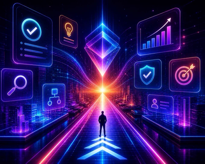 Futuristic neon-lit digital interface with a clean, streamlined pathway and minimal holographic elements, symbolizing clarity, simplicity, and intuitive user experience in a high-tech environment for Kinny List platform