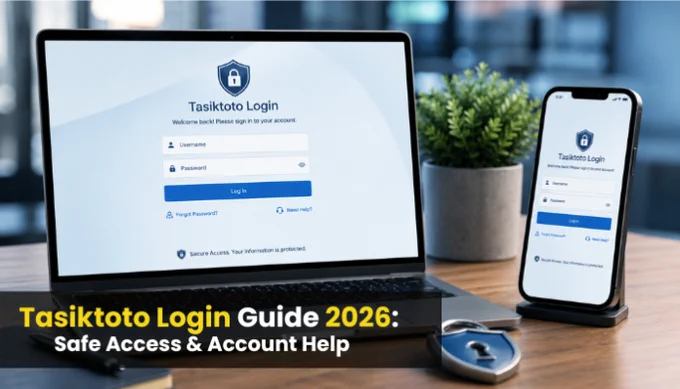 "Laptop and smartphone showing the Tasiktoto Login page on their screens, with a desk setup including a plant and key lock, highlighting the 2026 guide for safe access and account help."