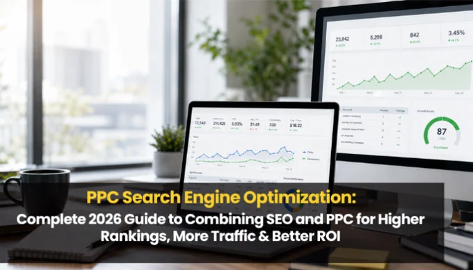 "Desktop setup showing PPC Search Engine Optimization dashboard with graphs, metrics, and charts. Complete 2026 guide to combining SEO and PPC for higher rankings, more traffic & better ROI."