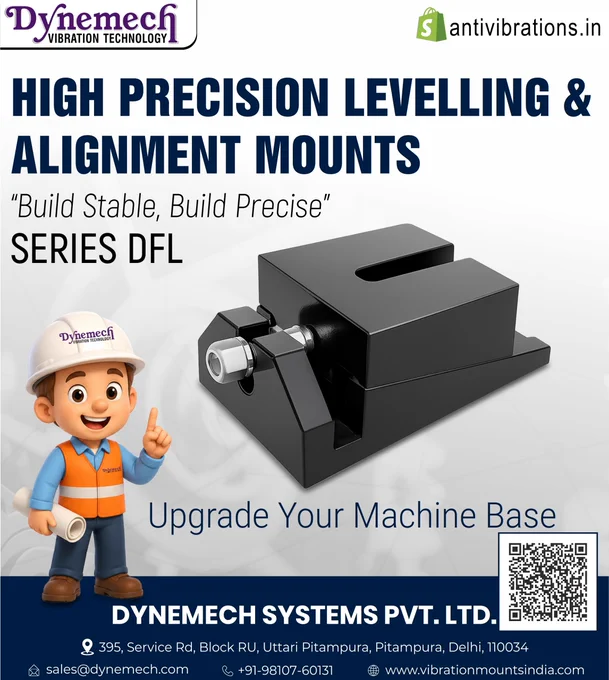 Dynemech DFL Series High Precision Levelling & Alignment Mount displayed with the tagline "Build Stable, Build Precise," highlighting a robust industrial mount designed for accurate machine levelling, alignment, and enhanced machine base stability.