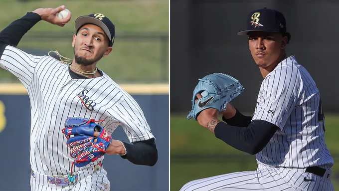 A split image of Elmer Rodríguez and Carlos Lagrange throwing pitches while wearing white Scranton/Wilkes-Barre uniforms with blue caps.