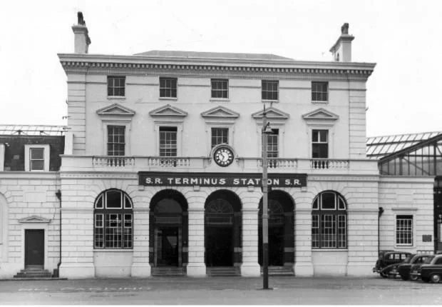William Tite's handsome neoclassical Southampton terminus building of 1840 pictured at some point in the Southern railway era