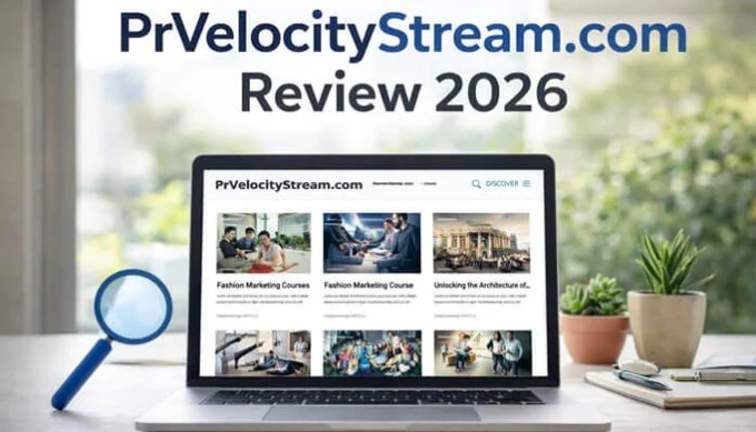 “Laptop on a desk displaying PrVelocityStream.com homepage with multiple article previews. Overlay text reads ‘PrVelocityStream.com Review 2026’. Magnifying glass and potted plant on desk, bright background.”