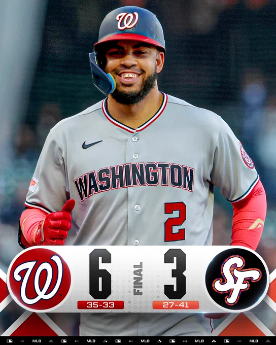 Final Score Graphic
Washington Nationals 6 (35-33) - San Francisco Giants 3 (27-41)
Pictured: Luis García Jr. smiles as he rounds the bases. He wears a gray Washington uniform with a dark blue batting helmet and red arm sleeves.