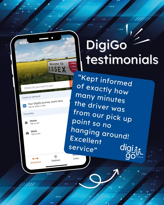 DigiGo testimonials graphic with a smartphone showing the app and a customer quote about excellent service.