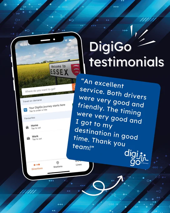 DigiGo testimonials: A smartphone shows the app with an Essex welcome sign, next to a speech bubble with a positive customer review.