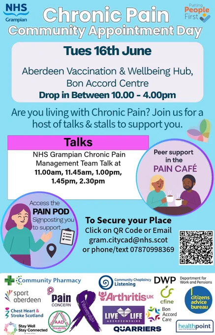 Announcement for Chronic Pain Community Appointment Day on 16th June from 10am-4pm  for NHS Grampian talks, peer support sessions, and Pain Pod access at the Bon Accord Centre in Aberdeen