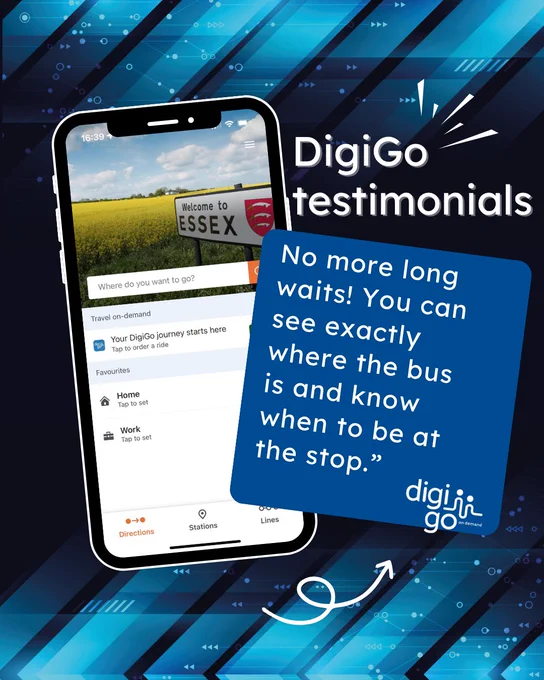 Smartphone displaying DigiGo app with a testimonial about bus tracking and waiting times.