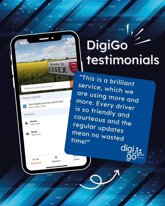 Smartphone showing DigiGo app with a testimonial about the service and a welcome to Essex sign.