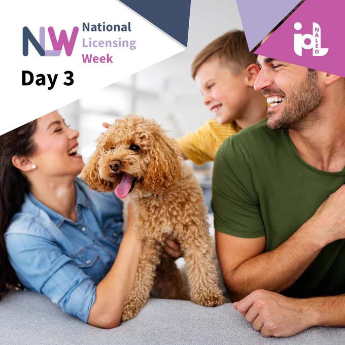 Day 3 of National Licensing Week 2026. A family with a young child and a dog at home. NLW 2026 branding top left.