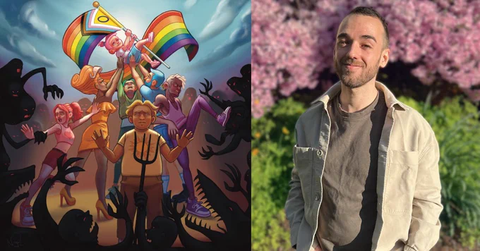 Split image: On the left, a dramatic digital illustration shows a diverse group of people forming a protective circle around a child holding a rainbow pride flag. The child is lifted above the crowd while shadowy creatures with glowing eyes and outstretched claws close in from all sides. One figure stands at the front holding a pitchfork, while others reach upward in support, creating a powerful image of community protection, solidarity, and resistance. Storm clouds gather overhead, contrasting with the bright colors of the pride flag and the figures at the center.

On the right, a smiling Narfil (he/him) stands outdoors in front of blooming pink trees and greenery. He is wearing a light-colored jacket over a gray shirt and look toward the camera