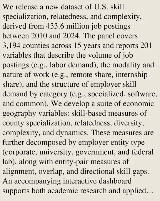 We release a new dataset of U.S. skill specialization, relatedness, and complexity, derived from 433.6 million job postings between 2010 and 2024. The panel covers 3,194 counties across 15 years and reports 201 variables that describe the volume of job postings (e.g., labor demand), the modality and nature of work (e.g., remote share, internship share), and the structure of employer skill demand by category (e.g., specialized, software, and common). We develop a suite of economic geography variables: skill-based measures of county specialization, relatedness, diversity, complexity, and dynamics. These measures are further decomposed by employer entity type (corporate, university, government, and federal lab), along with entity-pair measures of alignment, overlap, and directional skill gaps. An accompanying interactive dashboard supports both academic research and applied use, with features including spatiotemporal visualization, county rankings and trends, pairwise county comparisons, 