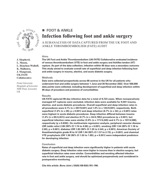 Abstract text for article titled 'Infection following foot and ankle surgery'.
The Bone & Joint Journal