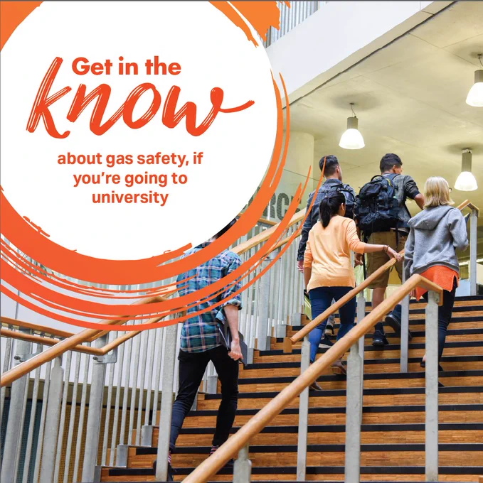 Students climbing stairs with text about gas safety for university students.