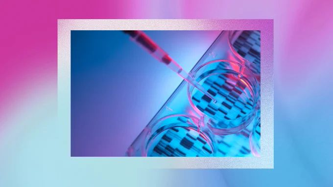 Close-up of a pipette transferring liquid into a lab dish containing DNA strand patterns, representing AI and biosecurity research.