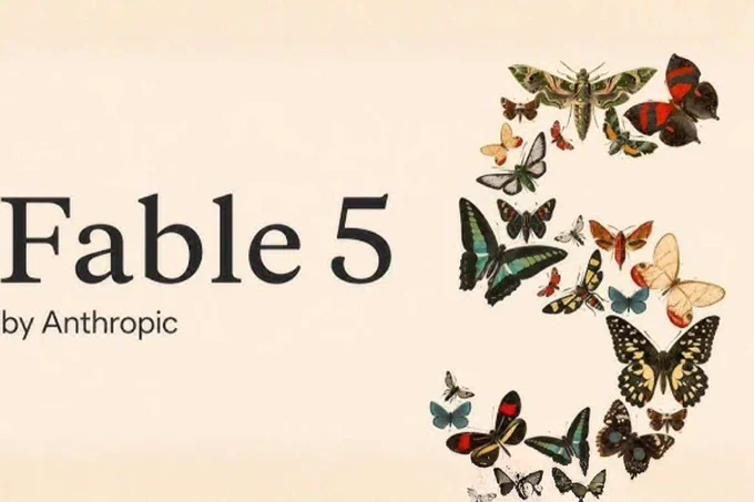 Graphic text reading "Fable 5 by Anthropic" next to a large number "5" creatively formed from vintage illustrations of various butterflies and moths.