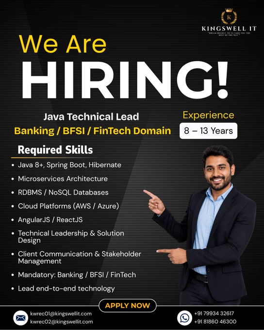 We're Hiring Java Technical Lead – Banking  BFSI  FinTech Domain, Kingswell IT, Kingswell - 1