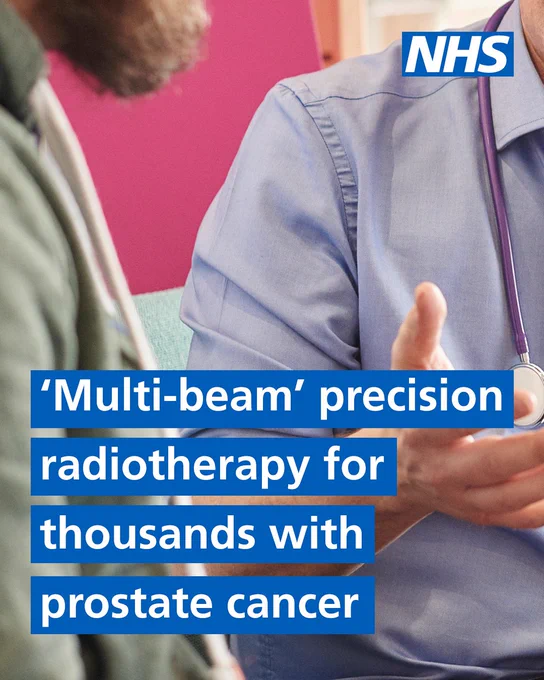 Close up of doctor talking to patient. Text reads: ‘multi-beam’ precisions radiotherapy for thousands with prostate cancer. 