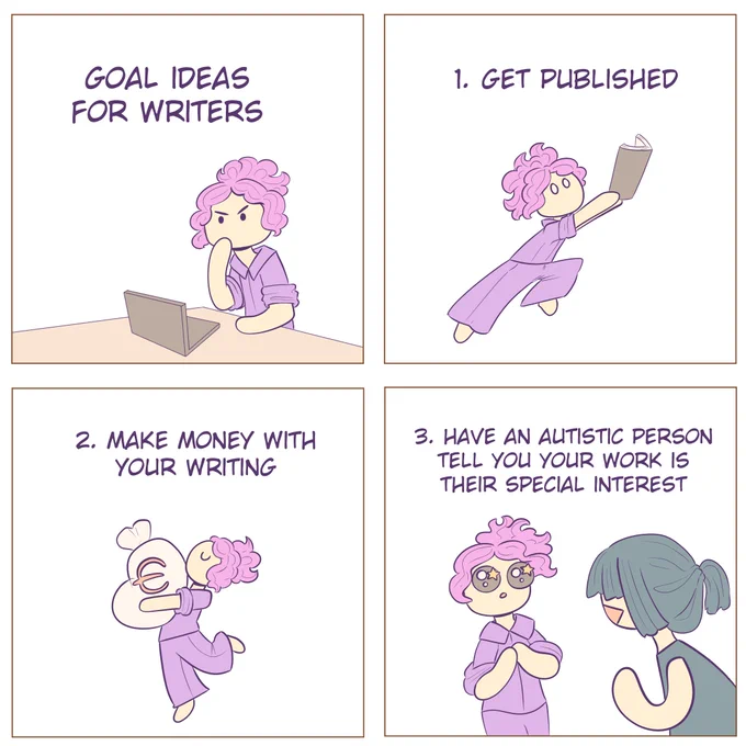 Goal ideas for writers:
1. Get published
2. Make money with your writing
3. Have an autistic person tell you your work is their special interest