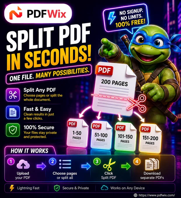 PDFWix Split PDF tool — two modes: extract specific page range (e.g. 1-5, 8, 12-20) or burst whole document into one PDF per page. Thumbnails preview before splitting. Free, no signup, no watermark, any device.

#SplitPDF #PDFSplitter #ExtractPages #SeparatePDF #PDFPageExtractor #OnlinePDFSplitter #FreePDFTools #DocumentManagement #BusinessProductivity #StudentProductivity #HRTools #WorkFromHome #AIProductivityTools #FreeOnlineTools #PDFConverter