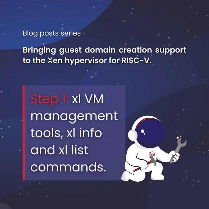 Blog posts series : bringing guest domain creation support to the Xen hypervisor for RISC-V
Step 1: xl VM management tools, xl info and xl list commands