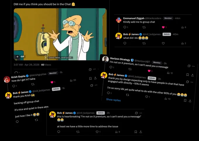 Professor from Futurama gesture 'good news everyone', various messages about group chat