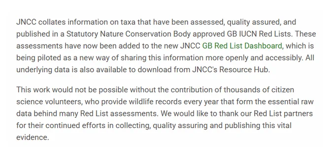 JNCC collates information on taxa that have been assessed, quality assured, and published in a Statutory Nature Conservation Body approved GB IUCN Red Lists. These assessments have now been added to the new JNCC GB Red List Dashboard, which is being piloted as a new way of sharing this information more openly and accessibly. All underlying data is also available to download from JNCC's Resource Hub.

This work would not be possible without the contribution of thousands of citizen science volunteers, who provide wildlife records every year that form the essential raw data behind many Red List assessments. We would like to thank our Red List partners for their continued efforts in collecting, quality assuring and publishing this vital evidence.