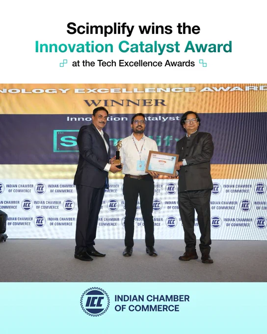 Scimplify's team accepts the Innovation Catalyst Award at the Tech Excellence Awards by the Indian Chamber of Commerce.
