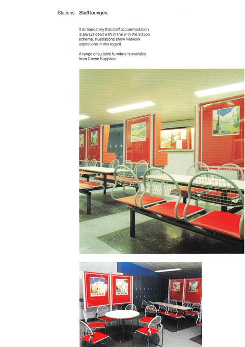 A page from a guidelines document titled "Stations Staff lounges" showcasing two photographs of modernised railway staff rest areas fitted with distinctive red-cushioned seating with curved metal frames, white tables, and matching red notice boards on the walls.