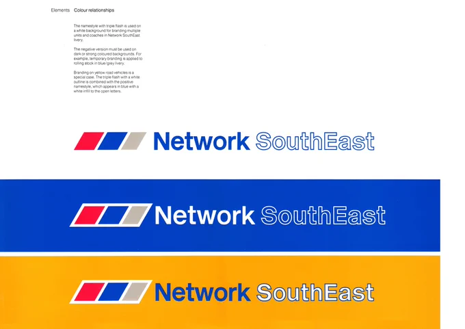 A page from a corporate identity manual detailing the colour relationships for the Network SouthEast brand, showing three variations of the logo: a positive version on a white background, a negative version on a blue background, and a specific variant on a yellow background for road vehicles.