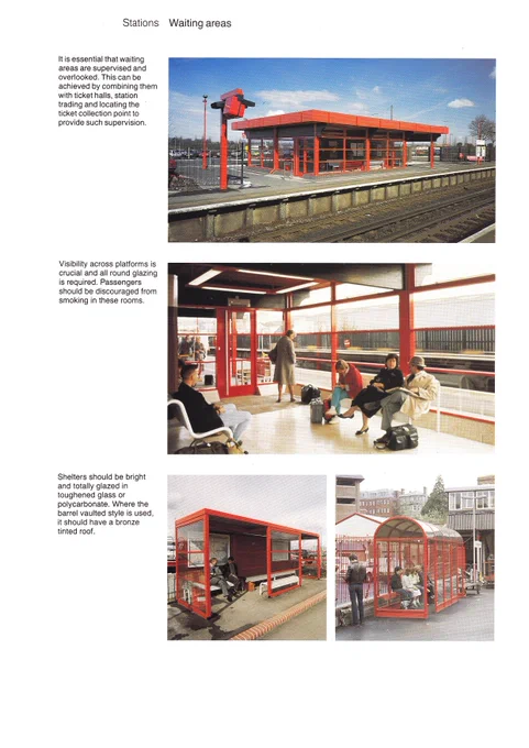A page from a design manual titled "Stations Waiting areas" featuring four photographs of red-framed station structures, including a large glass-sided waiting room on a platform and smaller barrel-vaulted passenger shelters with passengers inside.
