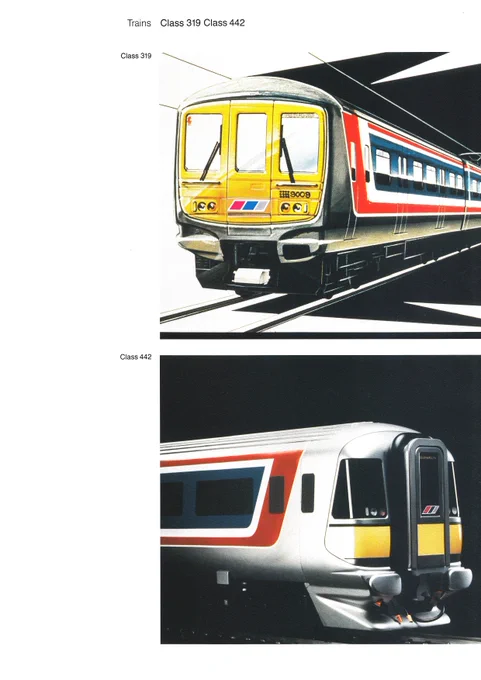 A page from a trains brochure titled "Class 319 Class 442" displaying two detailed colour illustrations of British Rail rolling stock adorned in the distinctive red, white, and blue Network SouthEast livery against a dark background.