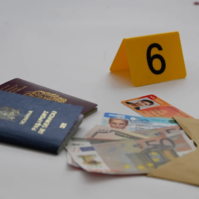 The image shows  a crime scene with two passports, assorted Euro banknotes, and identification cards next to a yellow evidence marker on the floor, numbered 6.