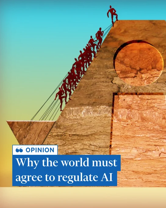 Image description: Illustration of people hoisting a capstone to the top of a granite pyramid. Credit: James Ferguson. Overlaid text reads: Why the world must agree to regulate AI