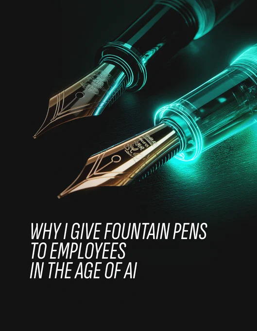 Two futuristic fountain pens with gold nibs and glowing cyan neon details on a dark background. Text overlay reads: "WHY I GIVE FOUNTAIN PENS TO EMPLOYEES IN THE AGE OF AI". Perfect illustration for a blog post about mindfulness, IT culture, and quality in DevOps teams.
