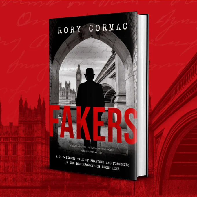 Book cover for Fakers by Rory Cormac, with a silhouetted man framed by Big Ben and Westminster Bridge.
