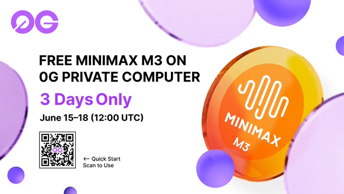 Campaign poster: free MiniMax M3 on 0G Private Computer, June 15-18.