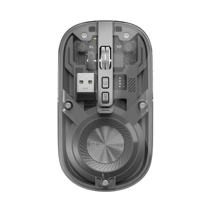 Transparent wireless mouse with 4.5-star rating, rechargeable battery, and dual wireless connectivity for work, study, and everyday use.